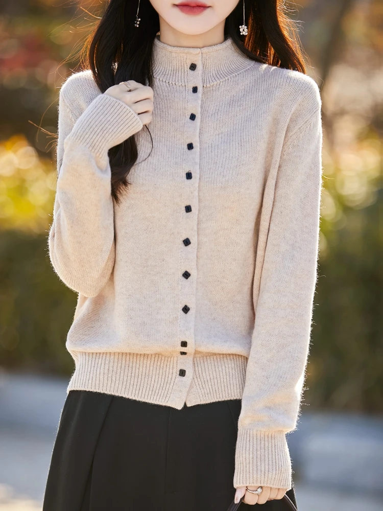

Elegant Beige Knitted Half-High Collar Sweater Cardigan Women's Inner Wear Premium Quality Autumn Winter New Style Commute Si...