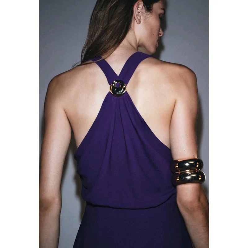 فستان صيفي جديد للنساء بتصميم عطلات أنيق، بتصميم ملفت للنظر مع عقدة عند الرقبة، فستان ميدي غير رسمي بدون أكمام من ألياف البول...