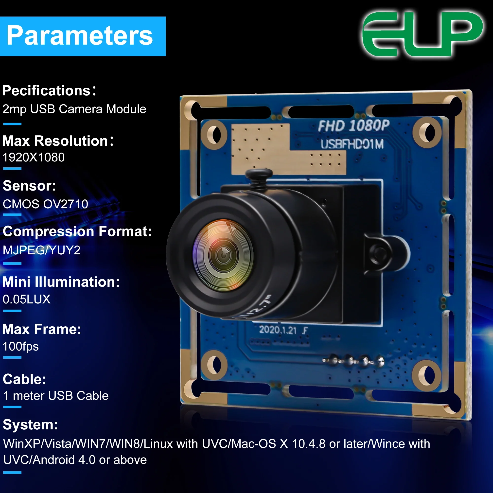 ELP 1080P USB Camera Module 1080P 30fps, 720P 60fps, 480P 120fps High Speed Wide Angle Mini Endoscope Module for Robotic Vision