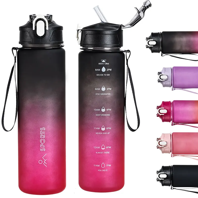 Botella de agua deportiva de gran capacidad de 800 ml con pajita, adecuada para actividades al aire libre, fitness, camping y viajes, con escala graduada, adecuada para uso en coche y bicicleta.