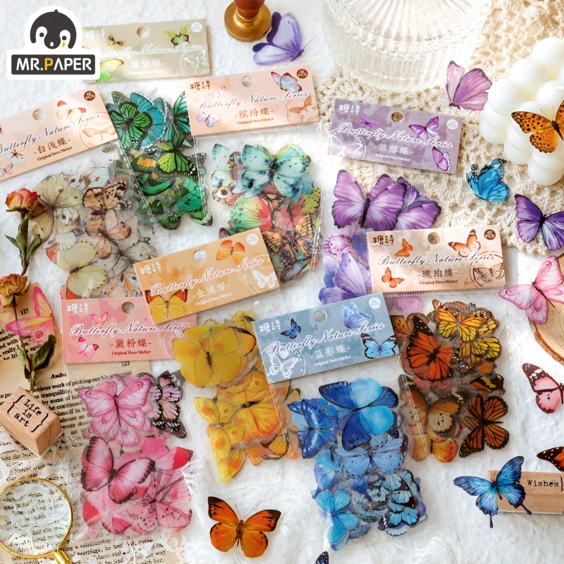 Mr.paper 40PCS 8 Design Butterfly Decorative Sticker Scrapbook Diary Toy Plant Decoration Album DIY Stationery Sticker