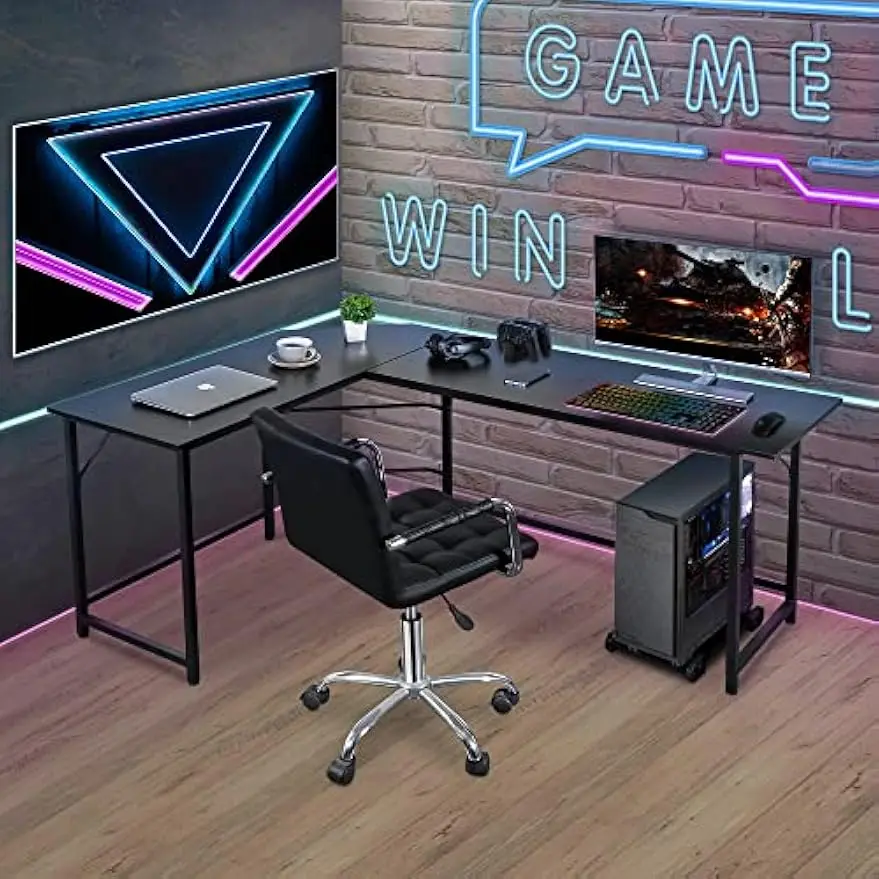 Modern Black L-Shaped Computer Desk with Gaming Station CPU Stand 66.5