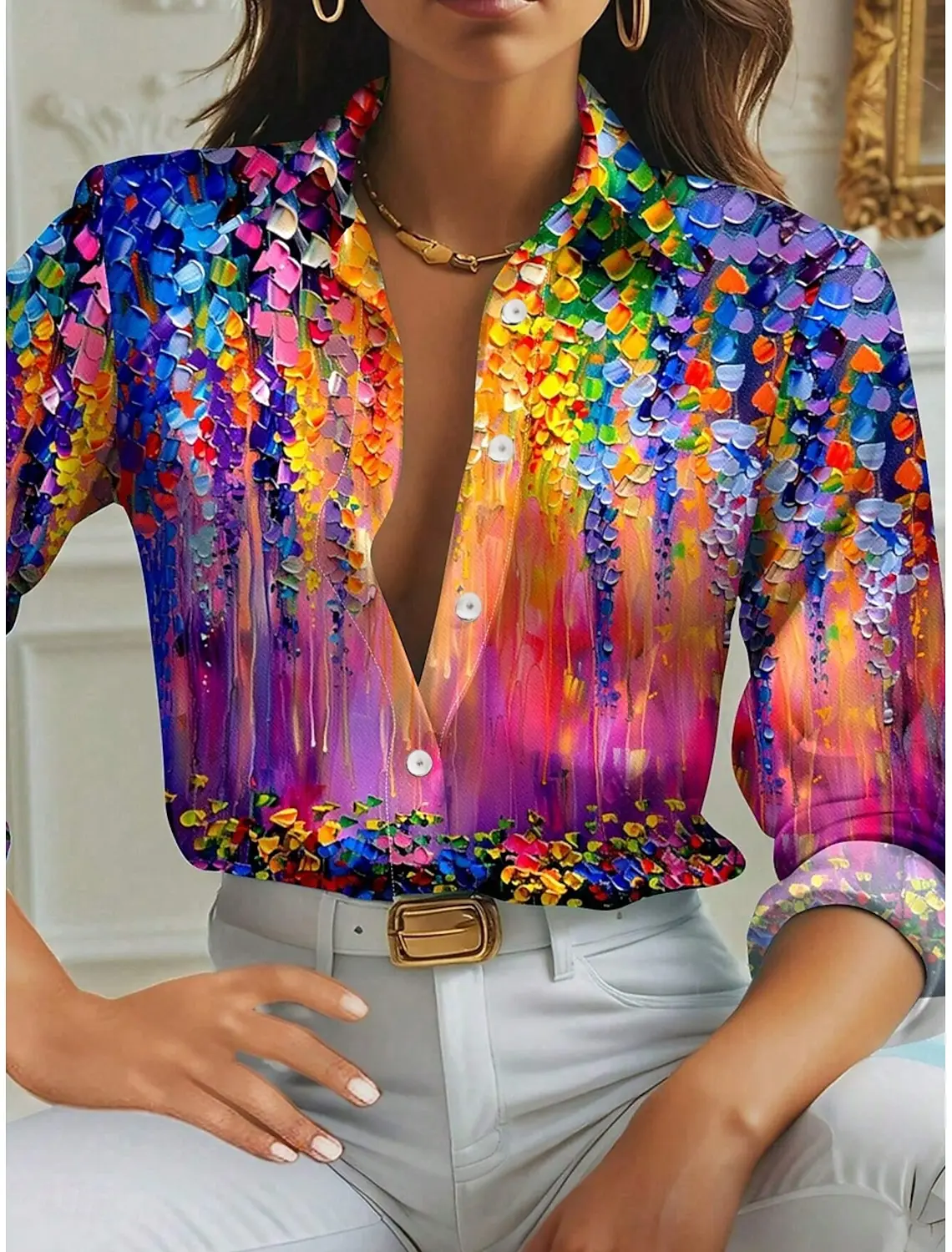 Women's Shirt Flower Active Stylish Blouse Lapel Neck Blouse Fashion Women's Long Sleeve Shirts Womens Clothing Female Clothing
