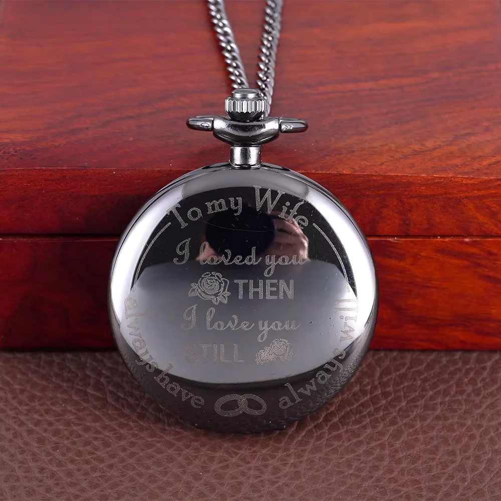 

Large black pocket watch engraved with English letters To my wife Pocket watch Hanging watch Nostalgic pocket watch