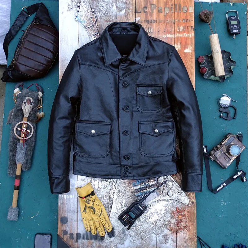 

Pure Top Layer Cowhide Leather Biker Jaet Men's Slim Fit Collar Genuine Leather Coat with Multiple kets Faionable Urba...