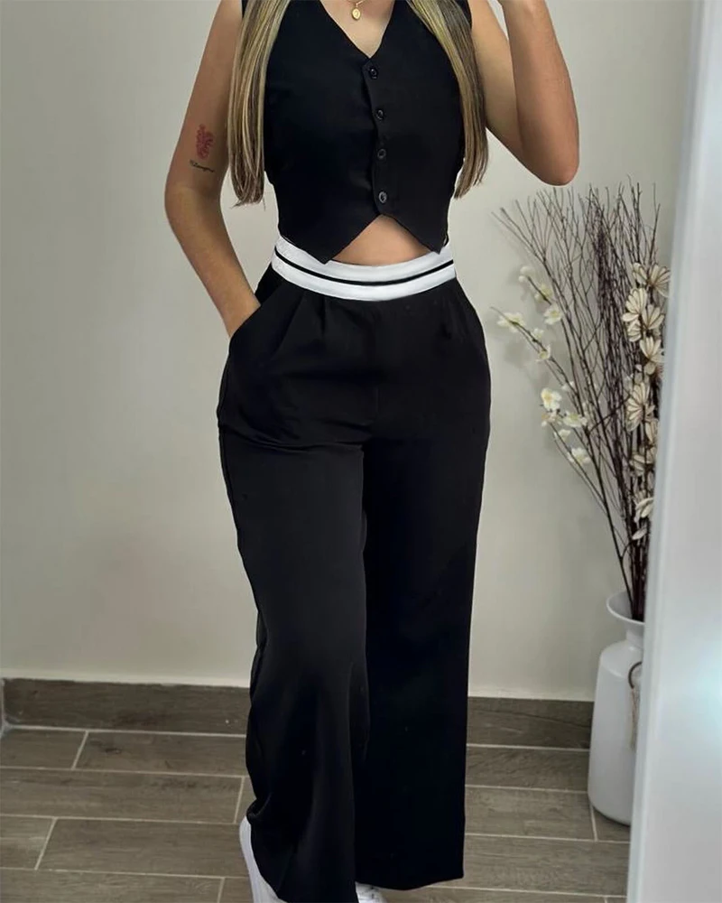 Two Piece Set Women Outfit 2024 Summer V-Neck Sleeveless Buttoned Vest Top & Casual Pocket Design Daily Straight Leg Pants Set
