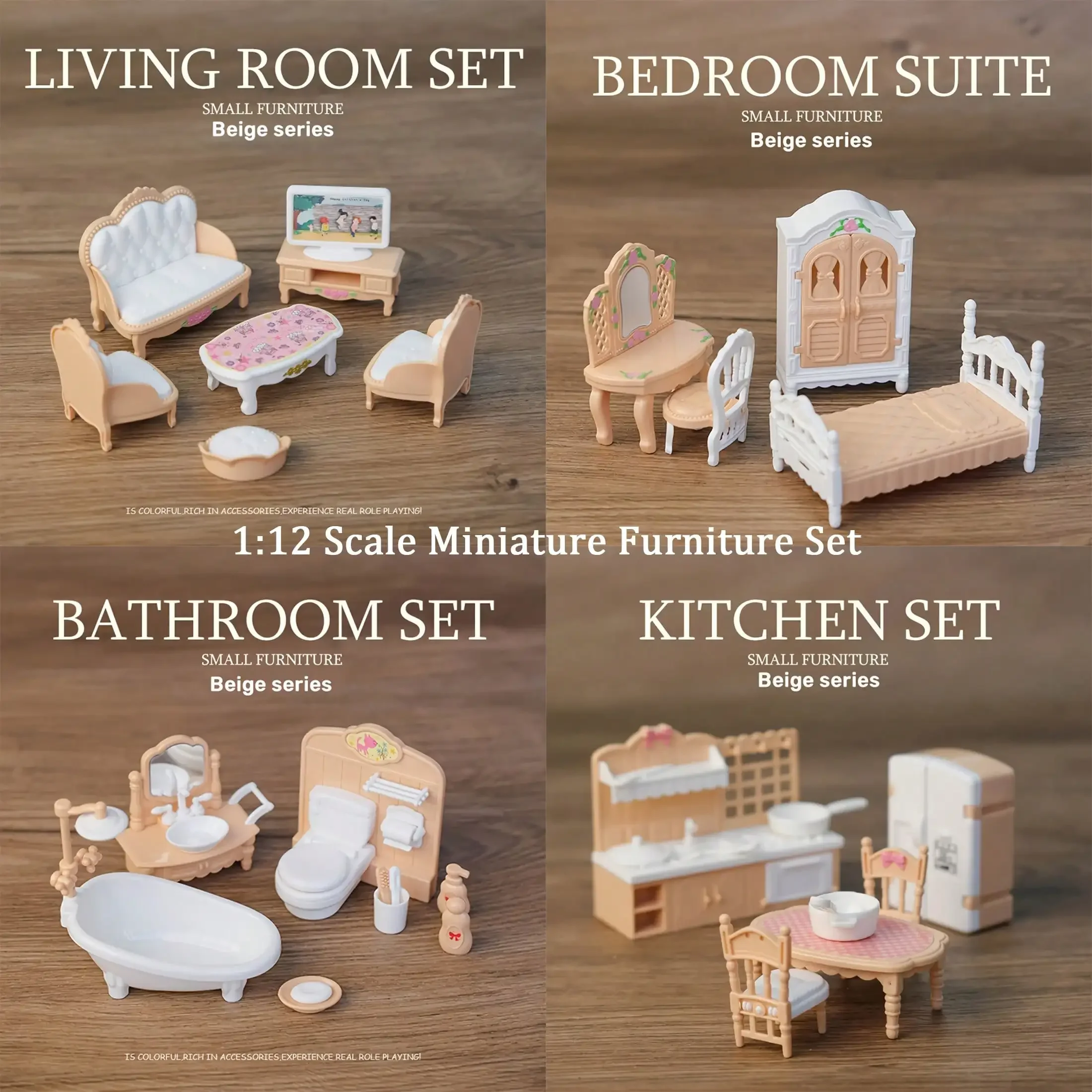 Mini Dollhouse Furniture Set,Bedroom Kitchen Bathroom Decor,Girls Role PlayToy,Pink & Beige,Dollhouse Accessories Furniture Only