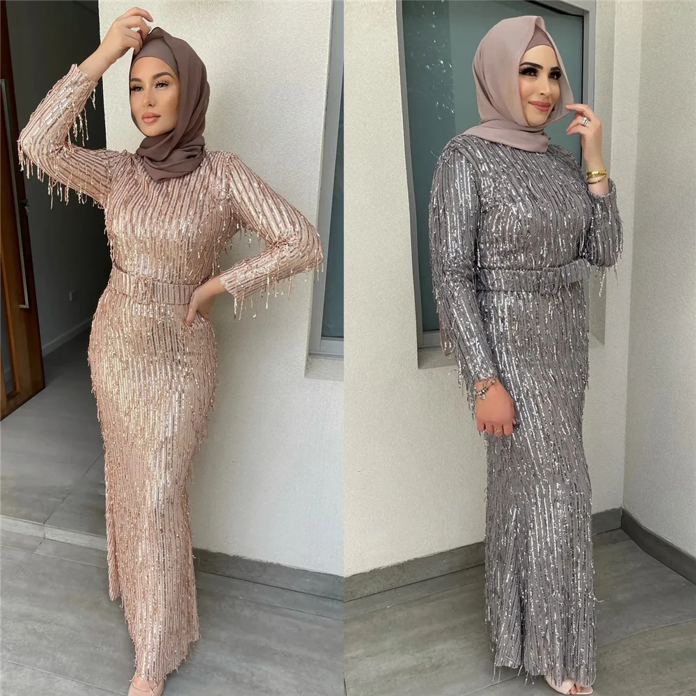 Muslim Long Sleeve Bodycon Sequin Tassel Gown Dress Evening Party Women Summer Belted Maxi Dress Islamic Dubai Arabic Abaya Robe