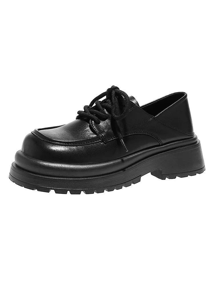 Women's Leather Shoes for Autumn and Spring 2024, New Le Fu Shoes, Black Thick Soled Lace Up image 3