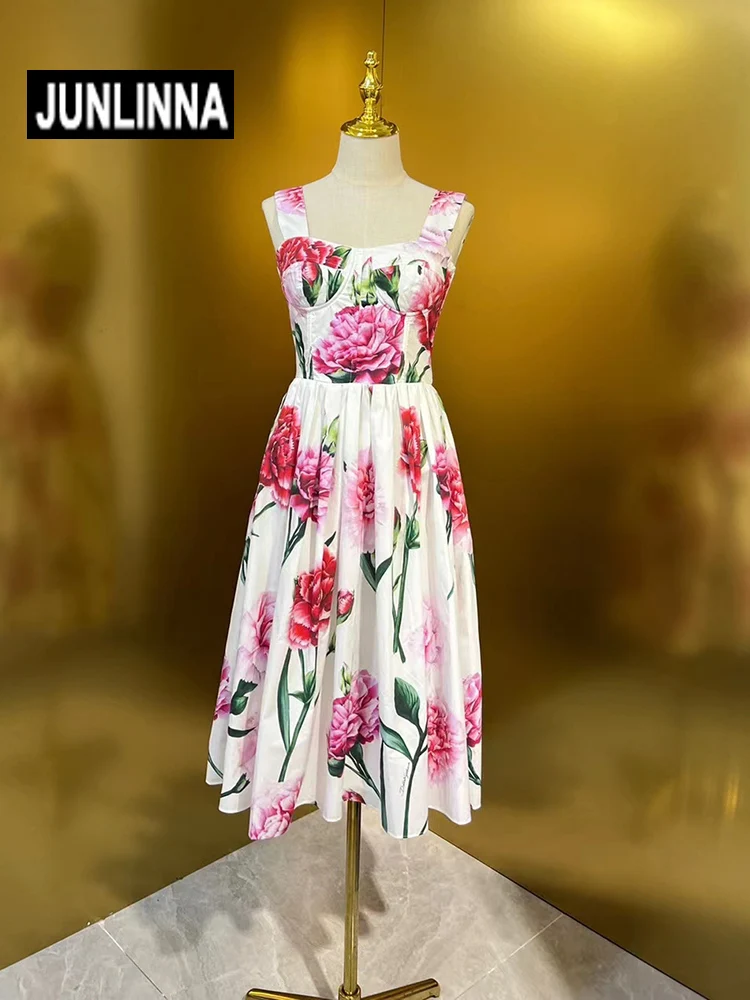 

JUNLINNA Runway Fashion Women Dress Spaghetti Strap Elegant Flower Printed Party Vacation Expasnion Vestidos