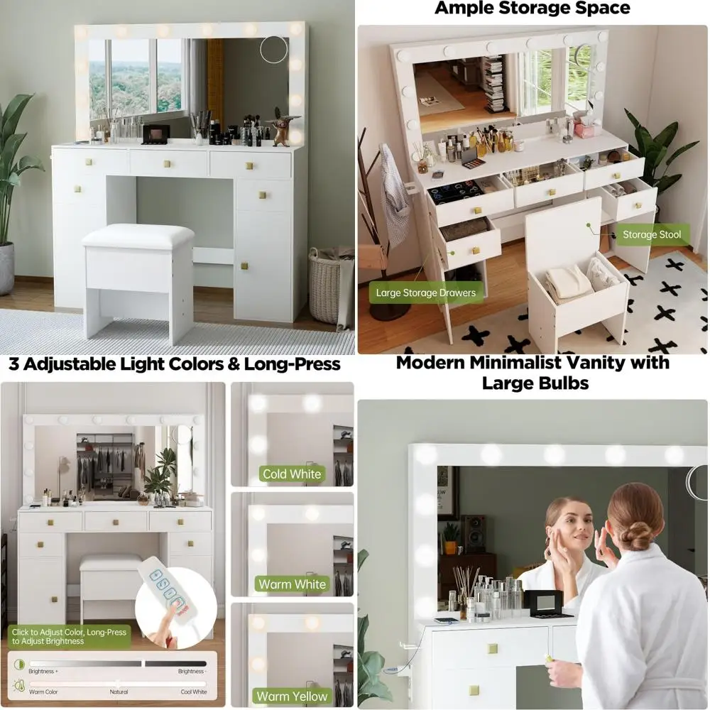 Scrivania per trucco illuminata a LED con grande specchio, lampadine regolabili, cassetti, presa di ricarica, stoccaggio per asciugacapelli