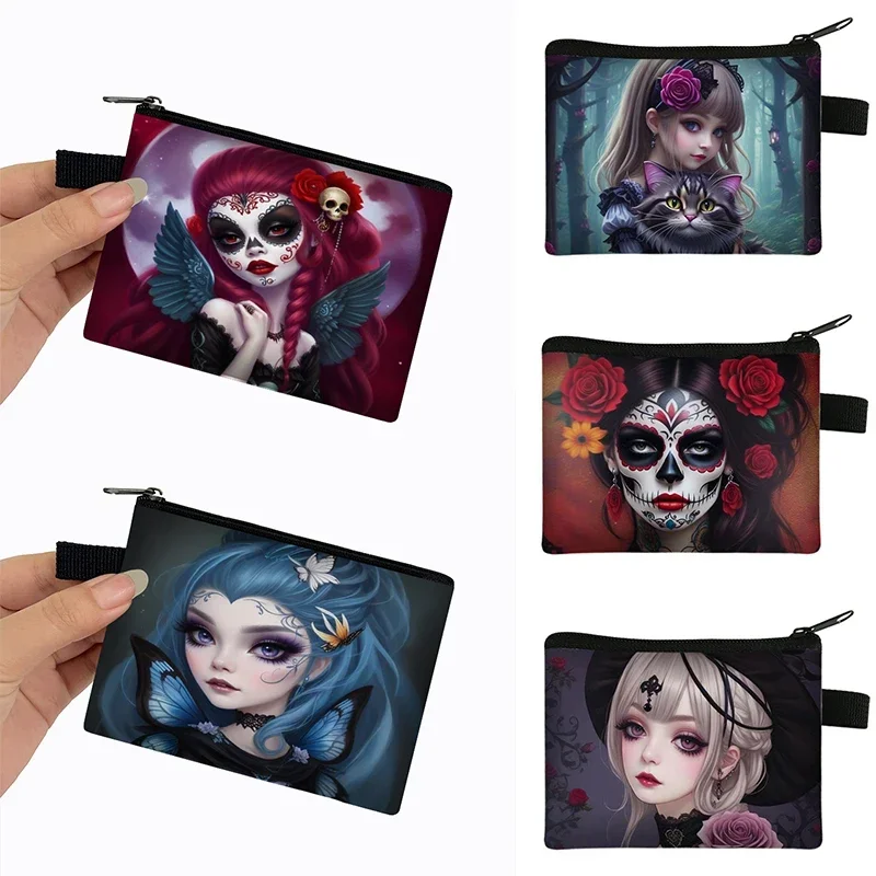 Gothic Witch Black Cat Fairy Print Coin Purse Women Wallets Skull Witchcraft Money Bag Credit Card Card Earphones Holder Wallets