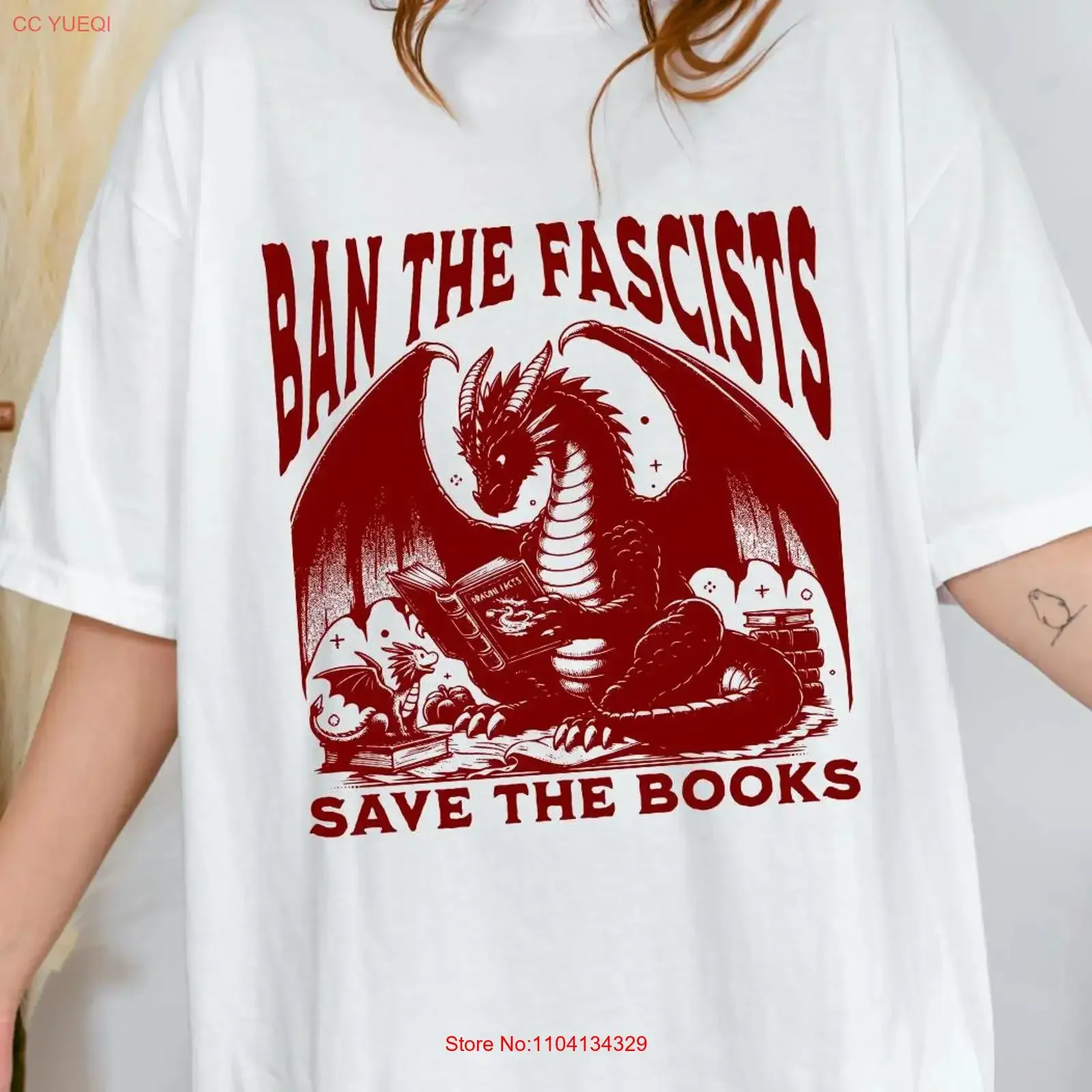 Ban The Fascists Save Books T Shirt Dragon Read Banned Support Library Book Librarian vintage Washed Slightly Comfortable