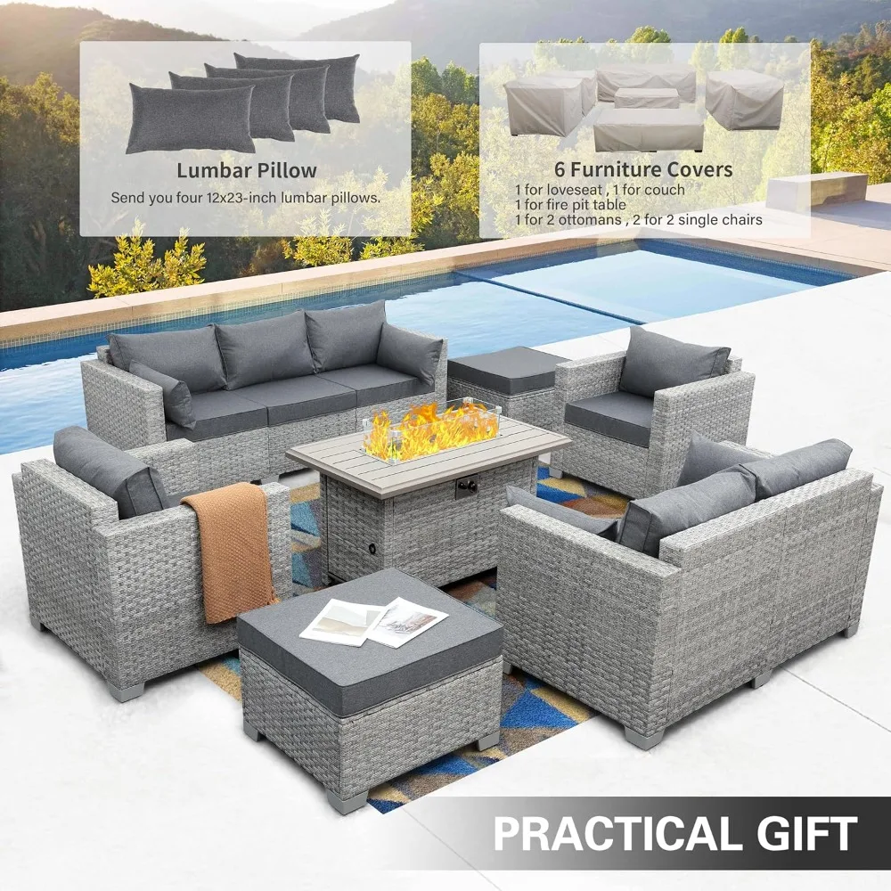 Patio Furniture Set Gray Rattan 7 Pieces Outdoor Sectional Sofa PE Wicker Conversation Chairs  Propane Fire Pit Table