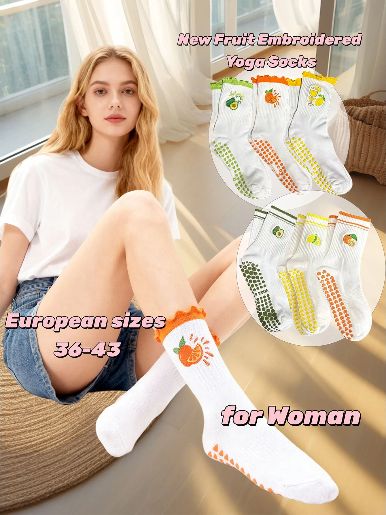 مقاسات أوروبية 36-43، زوج واحد من جوارب اليوغا المطرزة بالفواكه لمنتصف الساق مع نعال مطاطية للمرأة