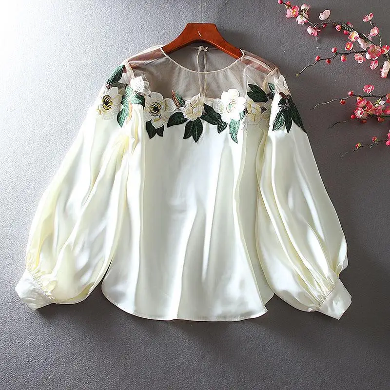 Mesh Patchwork Embroidered Women Blouse Fashion Long Sleeve Satin Shirt Office Lady Elegant O-neck Tops