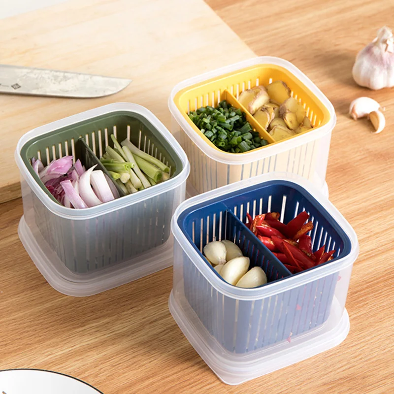 Refrigerator Storage Box 2 Grids Food Fruit Storage Box Portable Compartment Fridge Organizer Drain Basket Meat Onion Crisper