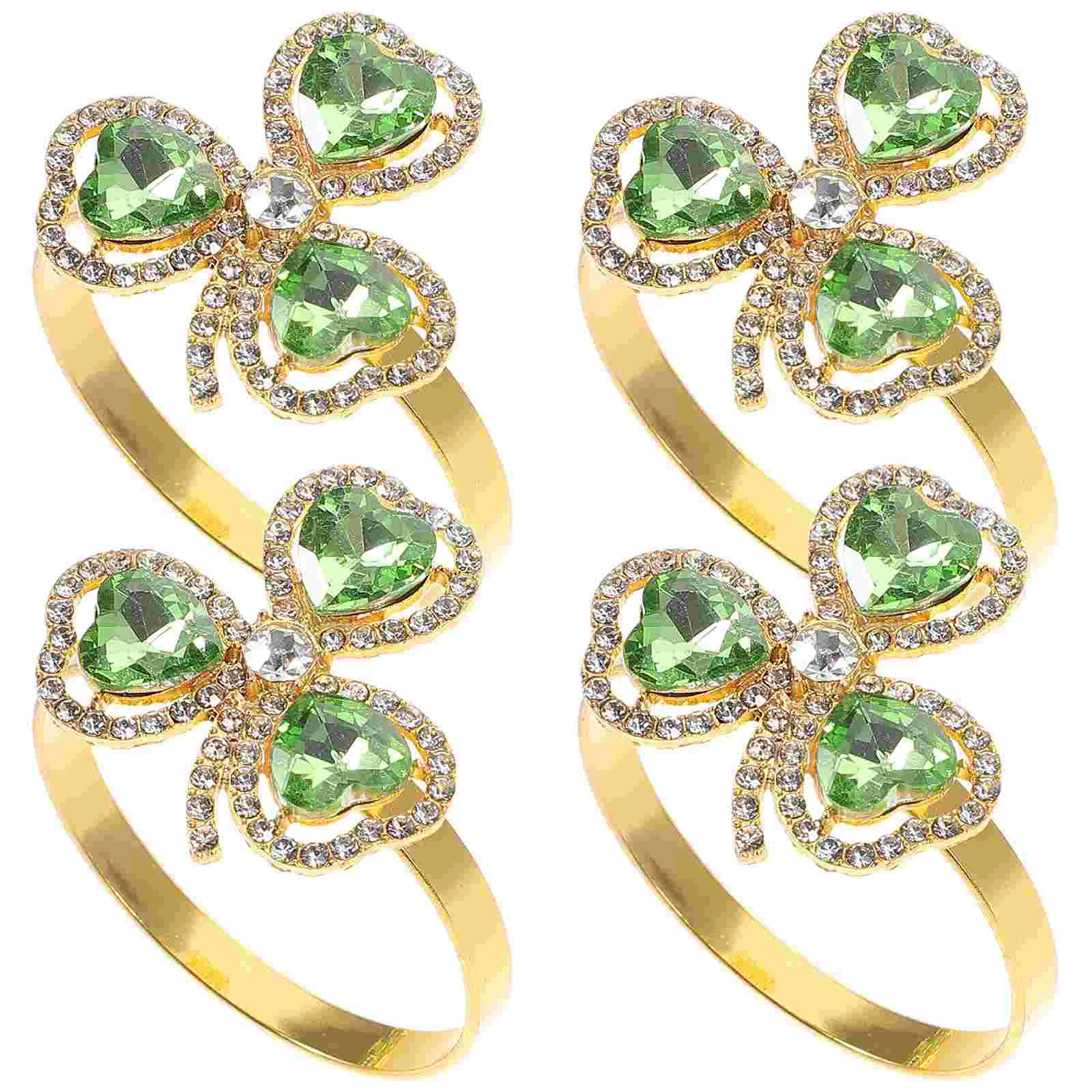 

4 Pcs Shamrock Napkin Rings Elegant Irish Metal Rhinestone St Patrick's Day Table Decor Serviette Clasp Alloy Family