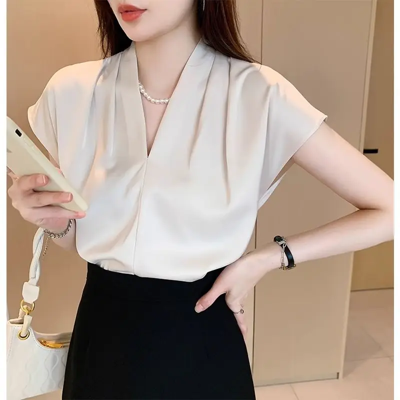 

Women Clothing Summer Fashion Korean Office Lady Simplicity V-neck Female Satin Temperament Appear Thin Short Sleeve Cardigan