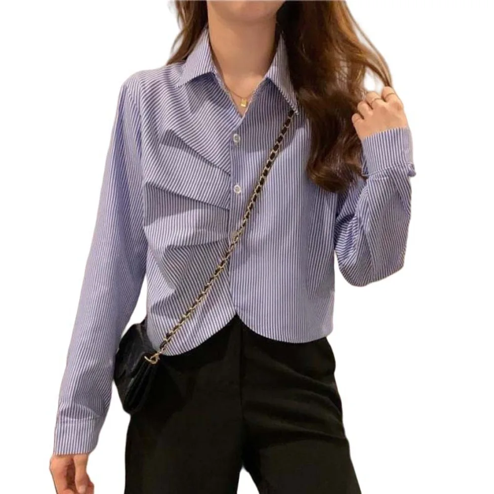 

Short Ruffle Long Sleeve Shirt Korean Style V-neck Women Stripes Blouse Half Circle Design Stripes Long Sleeve Tops Girls Gift