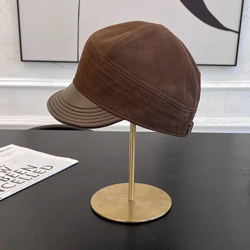 แฟชั่นของแท้หนัง Sheepskin เบสบอลหมวกผู้หญิงหมวกสีดํา/สีน้ําตาล Vintage สุภาพสตรีฤดูหนาวหมวกจิตรกรหมวก
