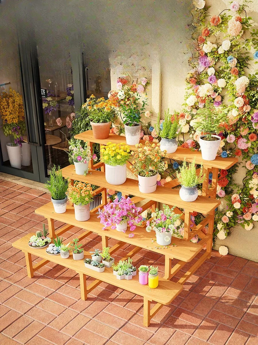 

Outdoor courtyard three-layer solid wood stepped flower stand Outdoor open-air balcony Long wooden display rack Assembly
