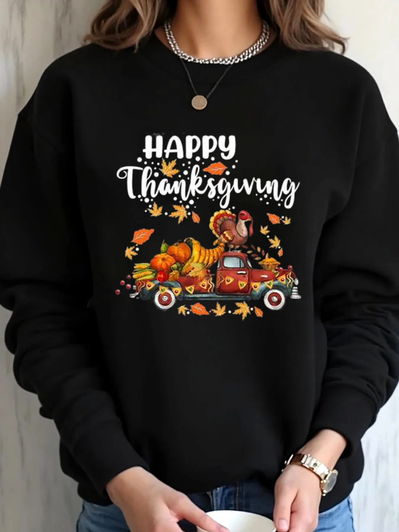 سويت شيرت نسائي مقاس كبير لعيد الشكر تركيا شاحنة حصاد الخريف وحفلات المهرجانات ملابس غير رسمية