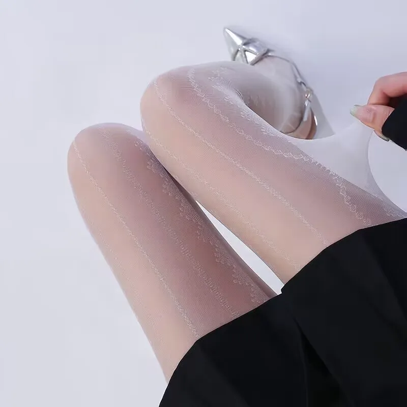 

Прозрачные кружевные чулки-стринги с жаккардовым узором и аргайл-принтом, белые шелковые, сексуальные, в полоску