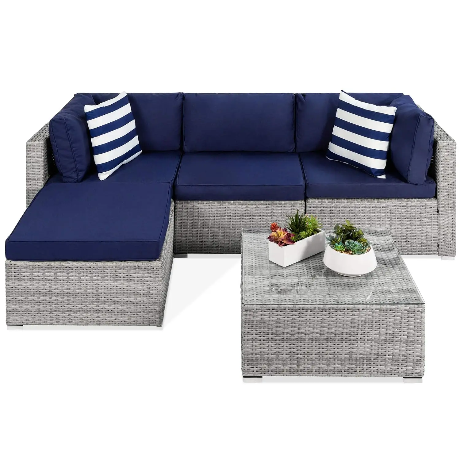 5-Piece Outdoor Wicker Sectional Sofa Set W/ 3 Chairs Ottoman 2 Pillows Coffee Table For Patio Backyard Garden, Customized