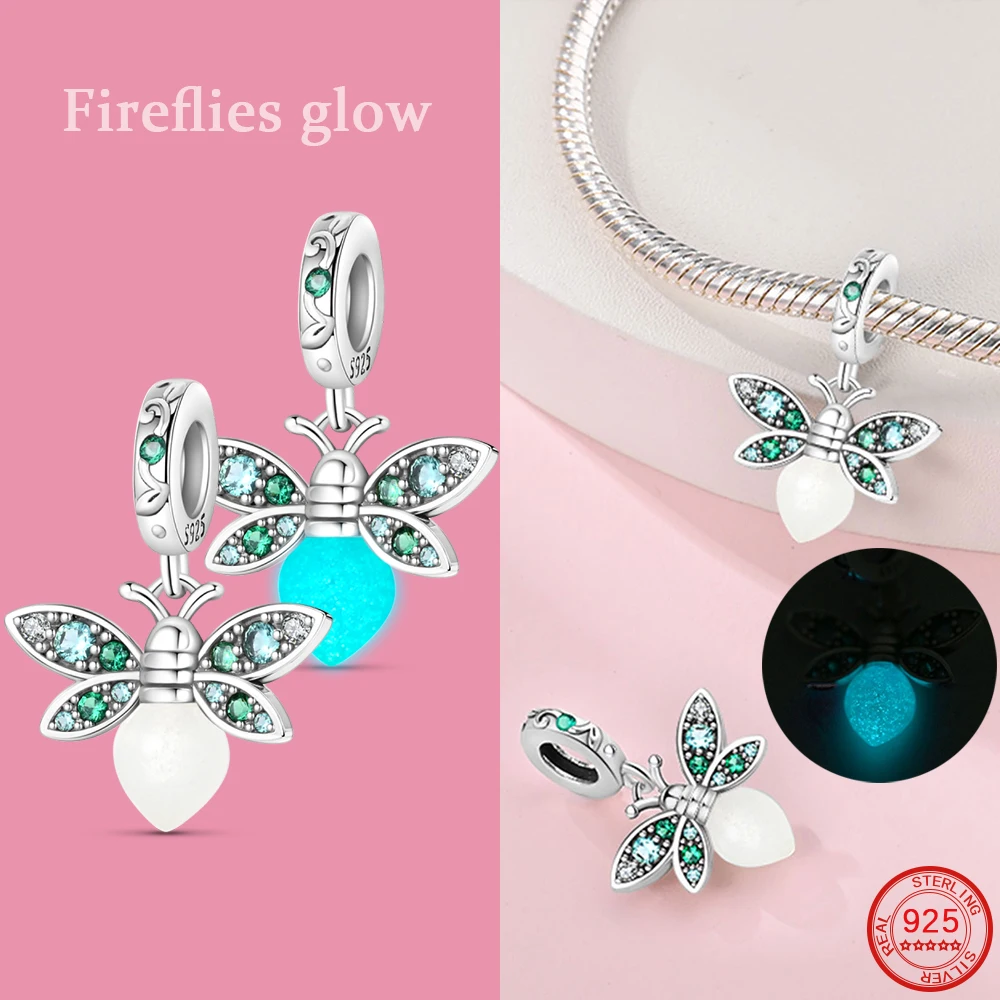 Glow-in Dark Charm 925 Sterling Silver Green Secret Luminous Firefly Pendant Suitable Fit DIY Fine Jewelry Gift Girl Bracelet