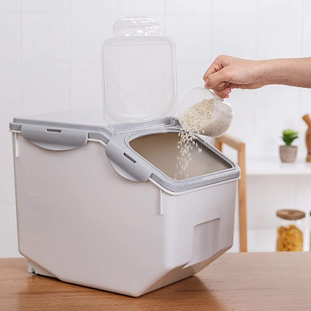 15KG Lebensmittel Lagerung Container Feuchtigkeits Mothproof Roller Basis Versiegelt Box Reis Getreide Tiernahrung Lebensmittel Lagerung Box Mit rolle