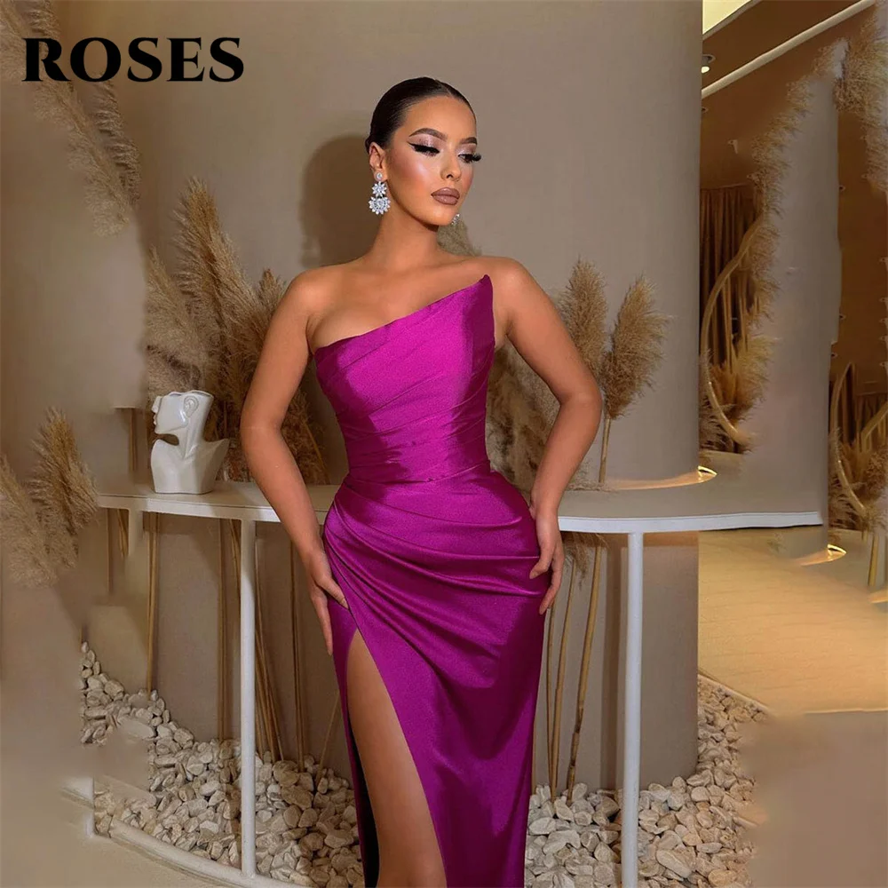 ROSES Fuchsia Stain Elegant Sexy Wedding Party Dress Side Split Celebrity Dress Sleeveless Special Occasion Dress robes du soir