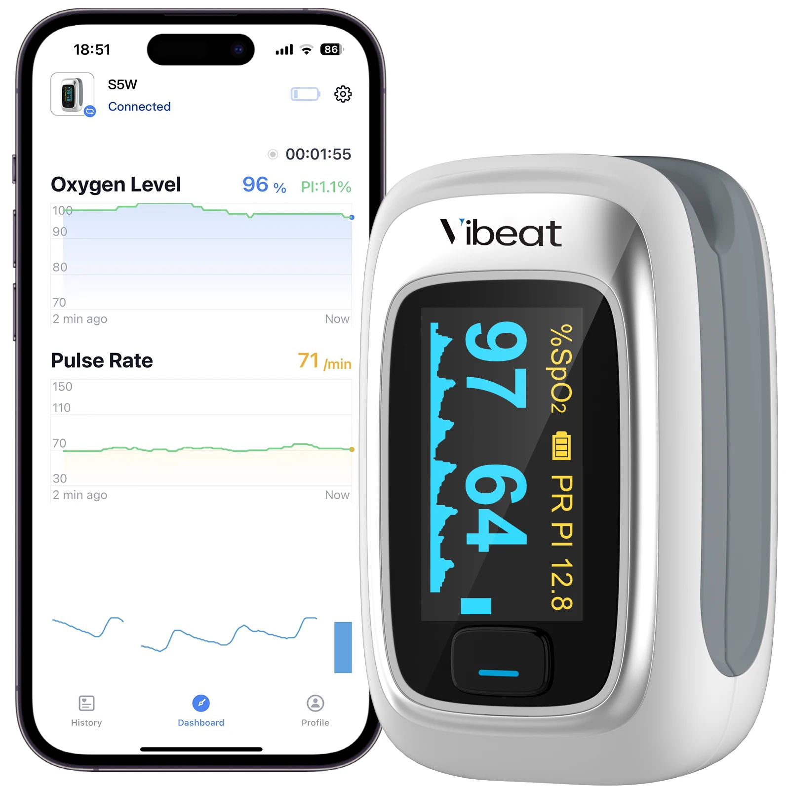 Vibeat PO6B Bluetooth Fingertip Pulse Oximeter with Pulse Rate SpO2 Monitor with Battery and Lanyard Free App Oximeter