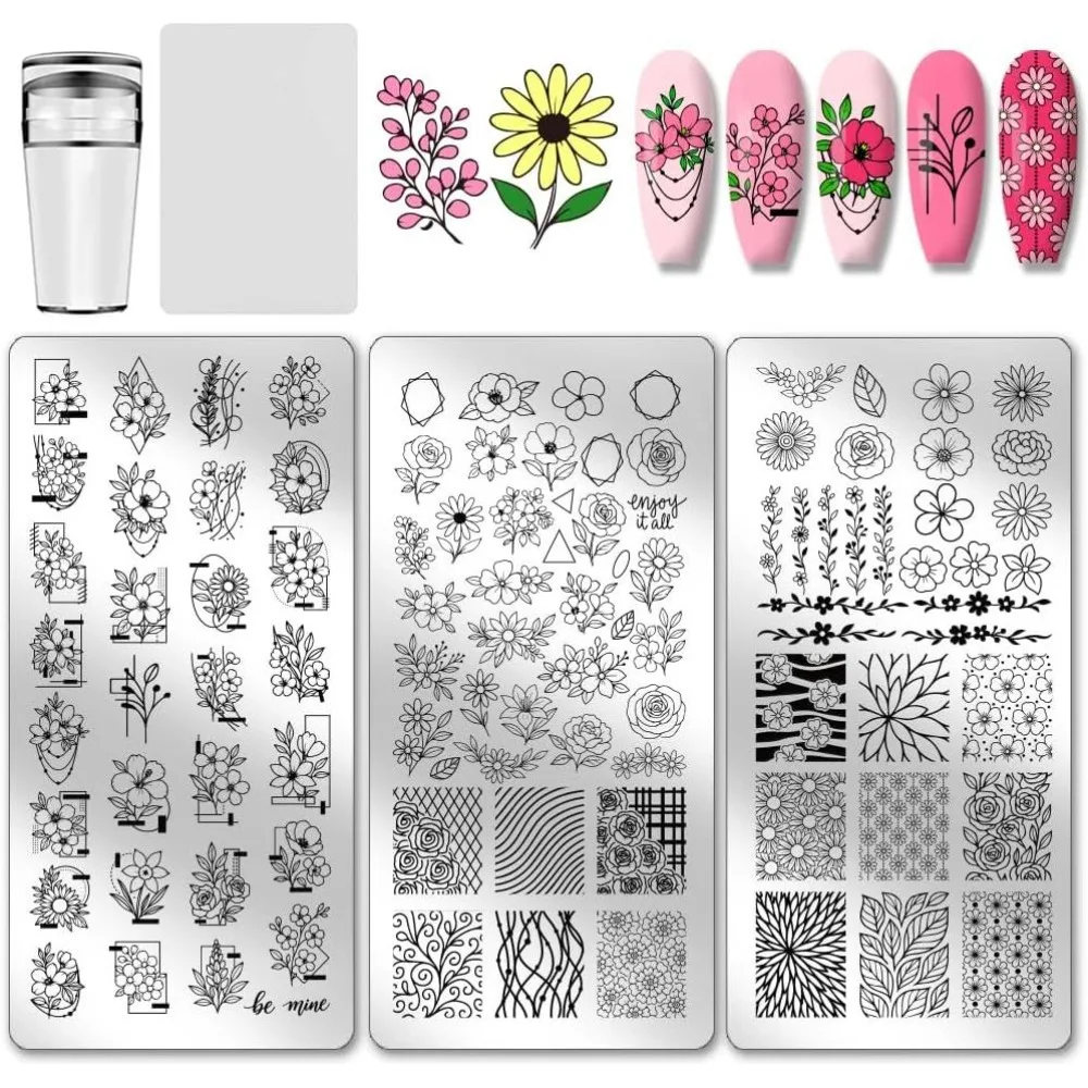 3pcs Flower Nail Stamping Plates Leaves Nail Art Plate Plants Theme Nails Design Stencils Daisy Rose Manicure Art Templates
