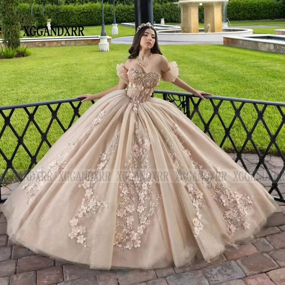 Champagne Kristal Kralen Baljurk Quinceanera Jurken 3D Bloemen Applicaties Kant Corset Vestidos De 15 Jaar Aangepaste