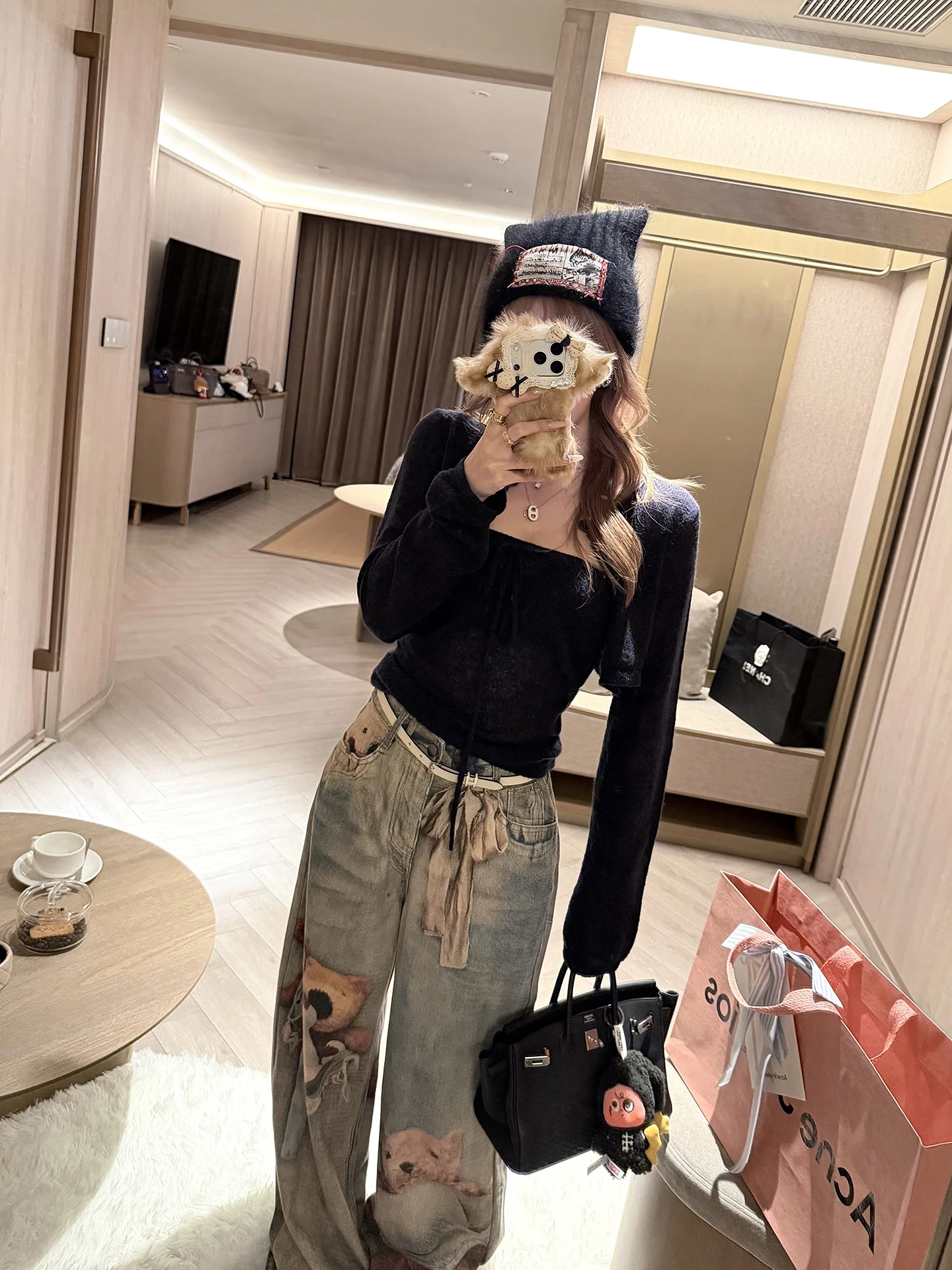 

Модные повседневные джинсы с широкими штанинами и 3D-принтом в виде милого медведя с бантом, длинные брюки для женщин и девушек, унисекс, из полиэстера