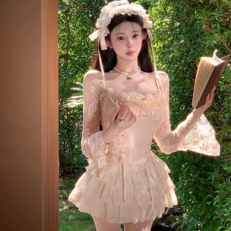 

Sweet Kawaii Lolita 2-х предметный комплект Spicy Girls Slim Fit Кружевные топы + мини-юбка с высокой талией Y2k Костюм с пышной юбкой Корейская мода