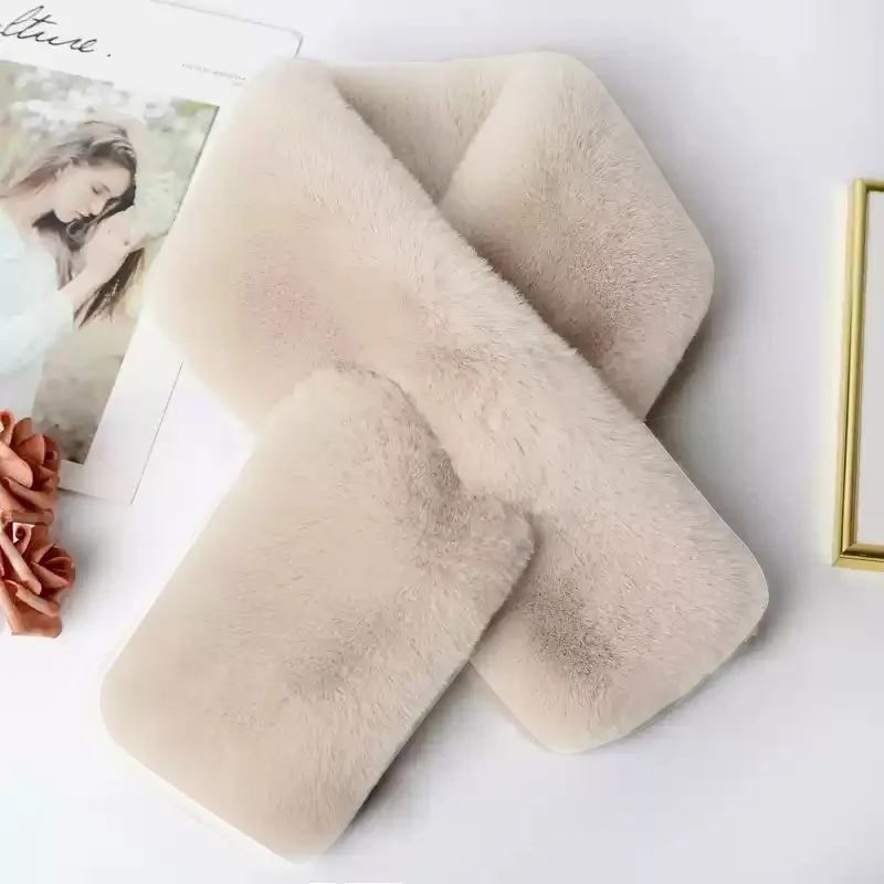 Cachecol de imitação de pele de castor tendência, grosso e quente, proteção de pescoço, acessório de pelúcia cruzado versátil de inverno feminino