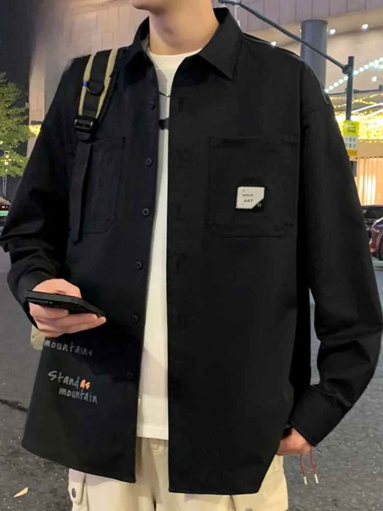 

Мужская повседневная рубашка с длинным рукавом, рабочая куртка свободного кроя в стиле ретро, модный топ для делового стиля, джентльменский образ, полиэстер