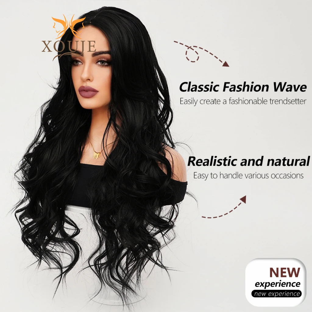 Black Wig Long Curly Synthetic Heat Resistant Wig Natural Wavy Center Parted Bangs Wig Daily Use Women\'s Holiday Prom Party