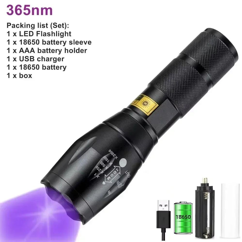 Zoom UV LED Flashlight 365nm 395nm Invisible Ink Marker Cat Dog Urine Tinea Ore Money Scorpion Fluorescence Light Use AAA 18650