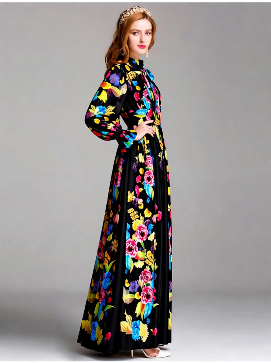 Damenkleid mit Schnürung, Schleifenkragen, langen Ärmeln, Blumenmuster, elegantes Maxi-Designer-Kleid