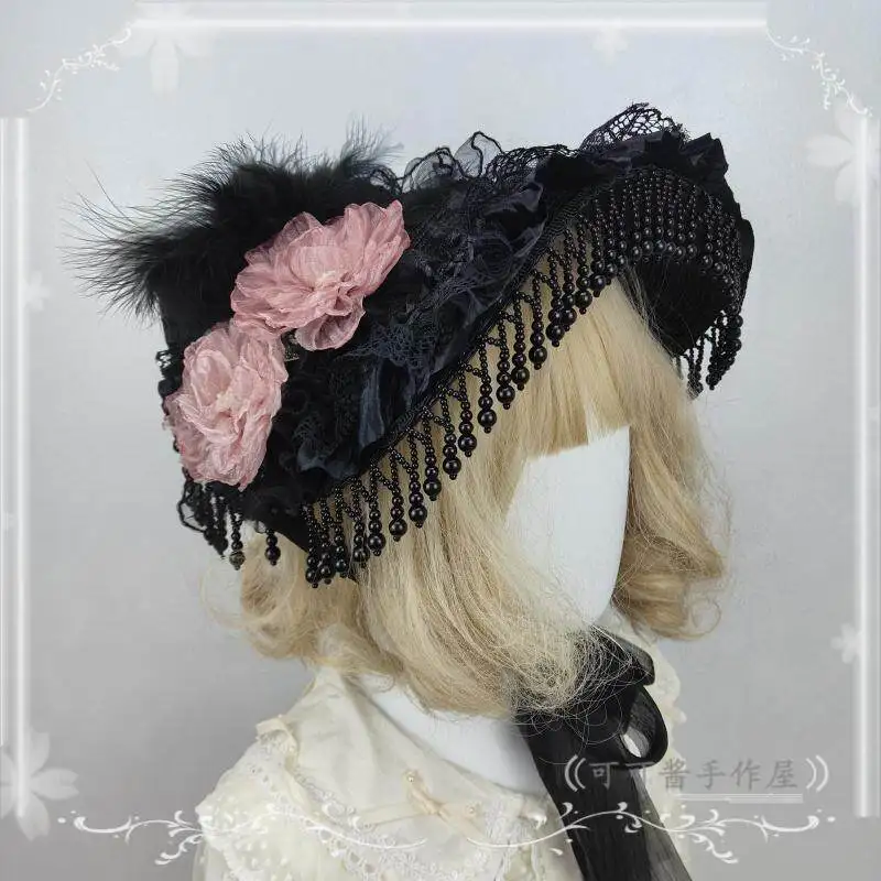 

Dark Vintage Feather Top Hat Original Black Flat Hat BNT Eclectic Hat Lolita Widow Hats