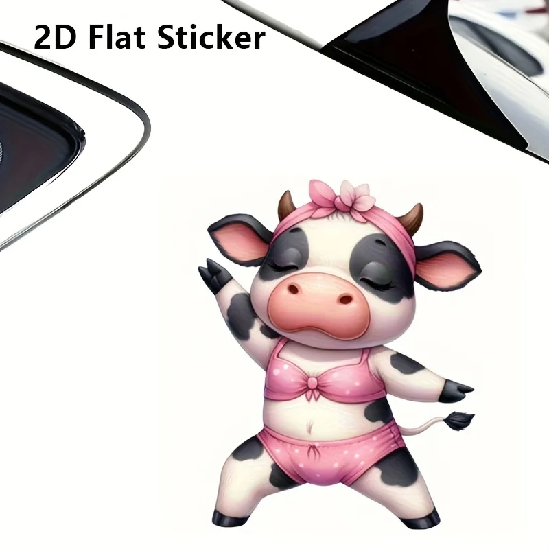 2D Flat, 1pc Funny Cow Yoga Vinyl Sticker- 6-inch Cartoon Animal Car Decal with Pink Polka Dot Bikini& Flower Headband Adhesive