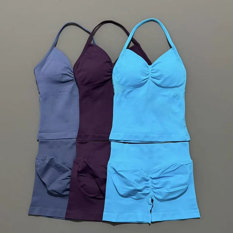 

Yoga 2 Pieces Gym Set Women Backless Halter Tops High Waist Seamless Shorts Gym Suit Fitness Sports Bras Sportswear Workout Sets
