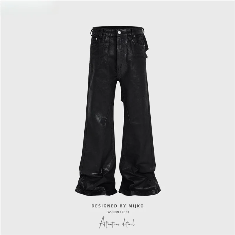 

Джинсы MIJKO ex High Street Spliced Destroyed Black Samurai Denim с микро-клешем, с эффектом потертости, черные, с клеевым покрытием, в уличном стиле