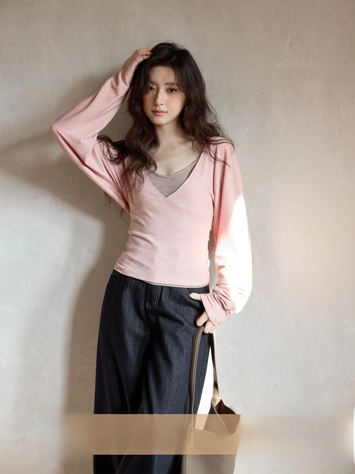 

Elegant Pink Long Sleeve T-Shirt And Halter Neck Top Set Slim Fit Commute Style Spring New Arrival for Young Women