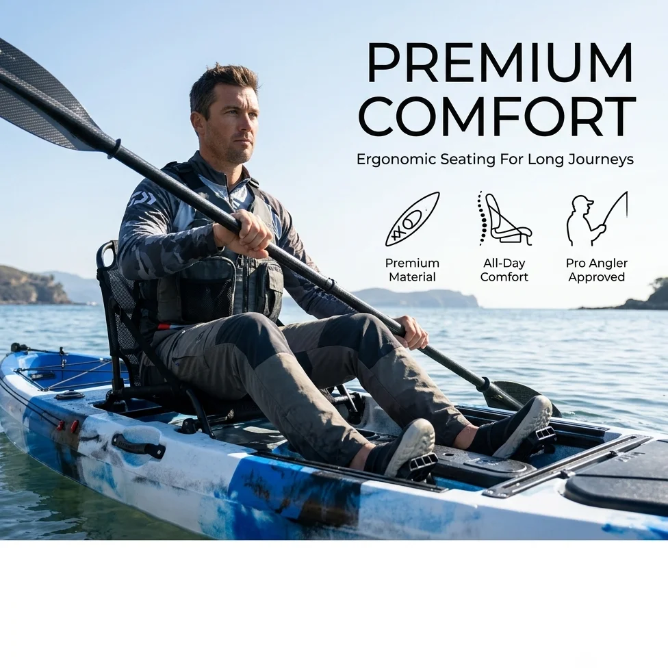 Wholesale Blue White Camo Hard Shell Single Person Angling Kayak Ergonomic Frame Seat Waterproof Hatch Rudder Canoe Boat