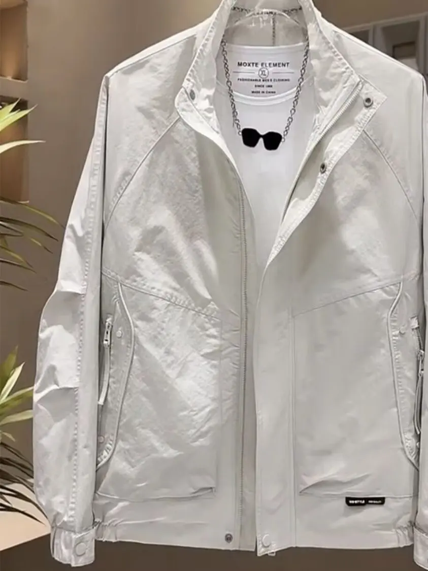 

New 2025 Men's Faion Stand Collar Jaet Coat Loose Zipper ket Casual Sle Windproof Polyester Fiber Long Sve Coat