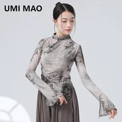UMI MAO Chinese New Chinese Top Slim Classical Dance Ink Painting Mesh Improved Cheongsam Flared Sleeve Modern Dance Tops